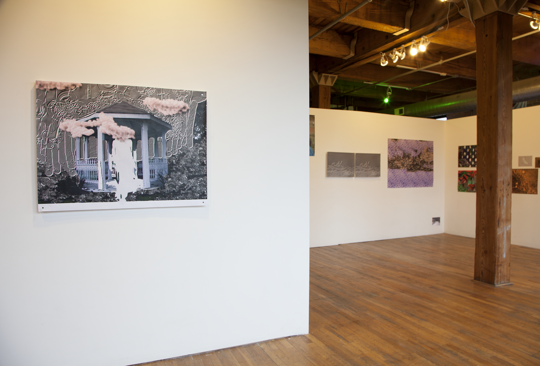 Installation view of many large scale prints hung on white walls in a gallery